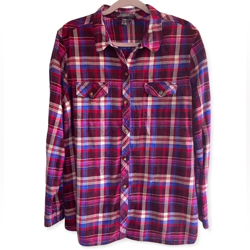Eddie Bauer Women’s 2X Flannel Shirt | Burgundy Jewel-Tone Plaid | 100% Cotton